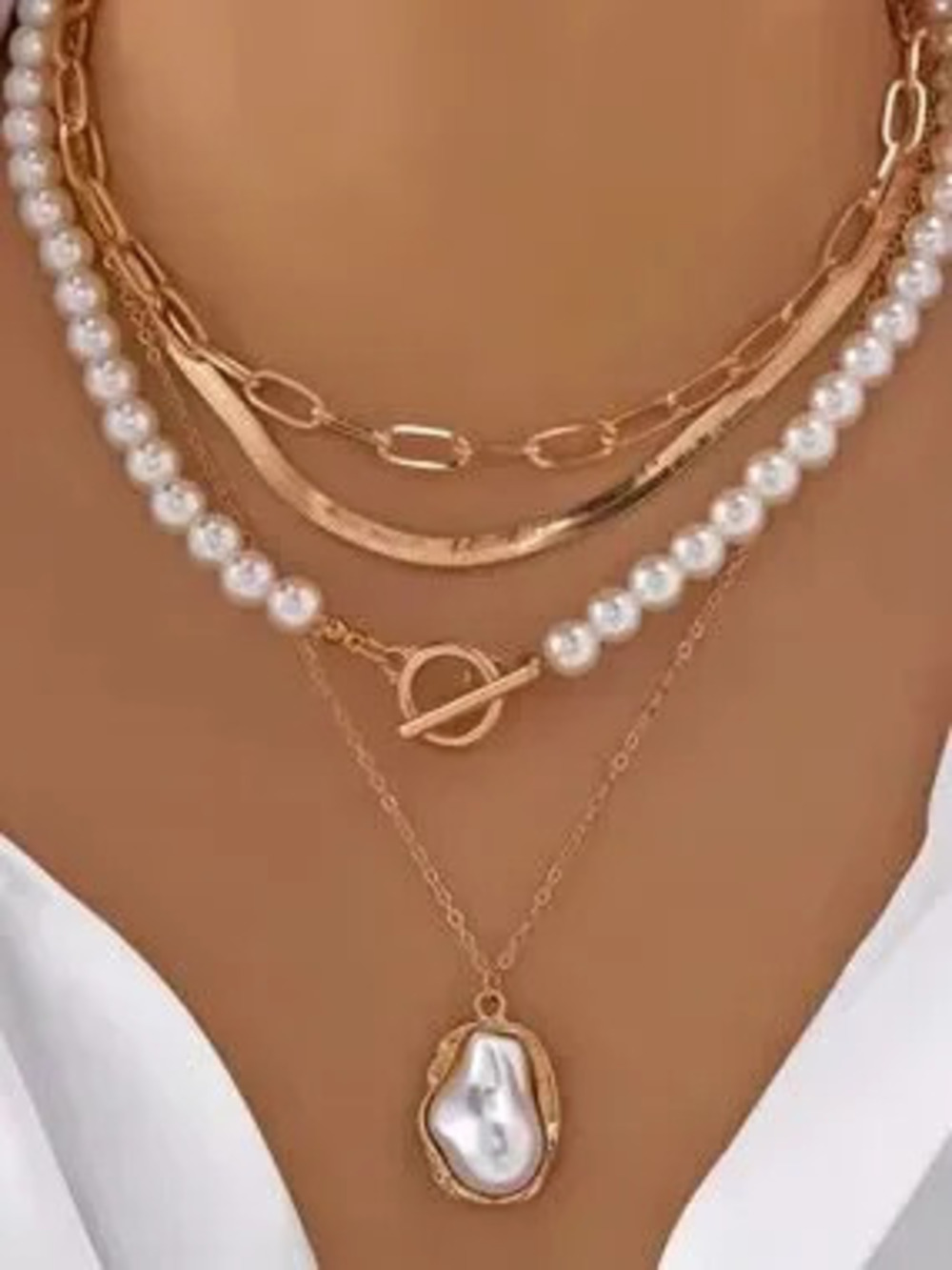 Anthropologie Gold Tone and White Layered Pearl Pendant Necklace